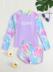 青少年女孩棕榈树字母印花插肩袖长袖上衣和短裤休闲分体泳衣 - 紫色 - 查看 5