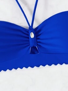 Slaydiva Summer Women's Solid Color Bandeau Neck Ruffle Trim Shell Twisted Spaghetti Strap Camisole Straps Sexy Swimwear Top
