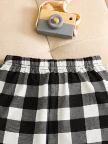 2 peças Conjunto de Pijama Casual, Camiseta de Manga Curta com Gola Redonda e Impressão de Letra em Estilo Minimalista para Menino Jovem, e Calça Solta com Estampa Xadrez