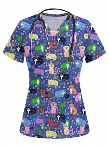 PopScrub Women's Cute Cartoon Cat Print Scrub Uniform Top