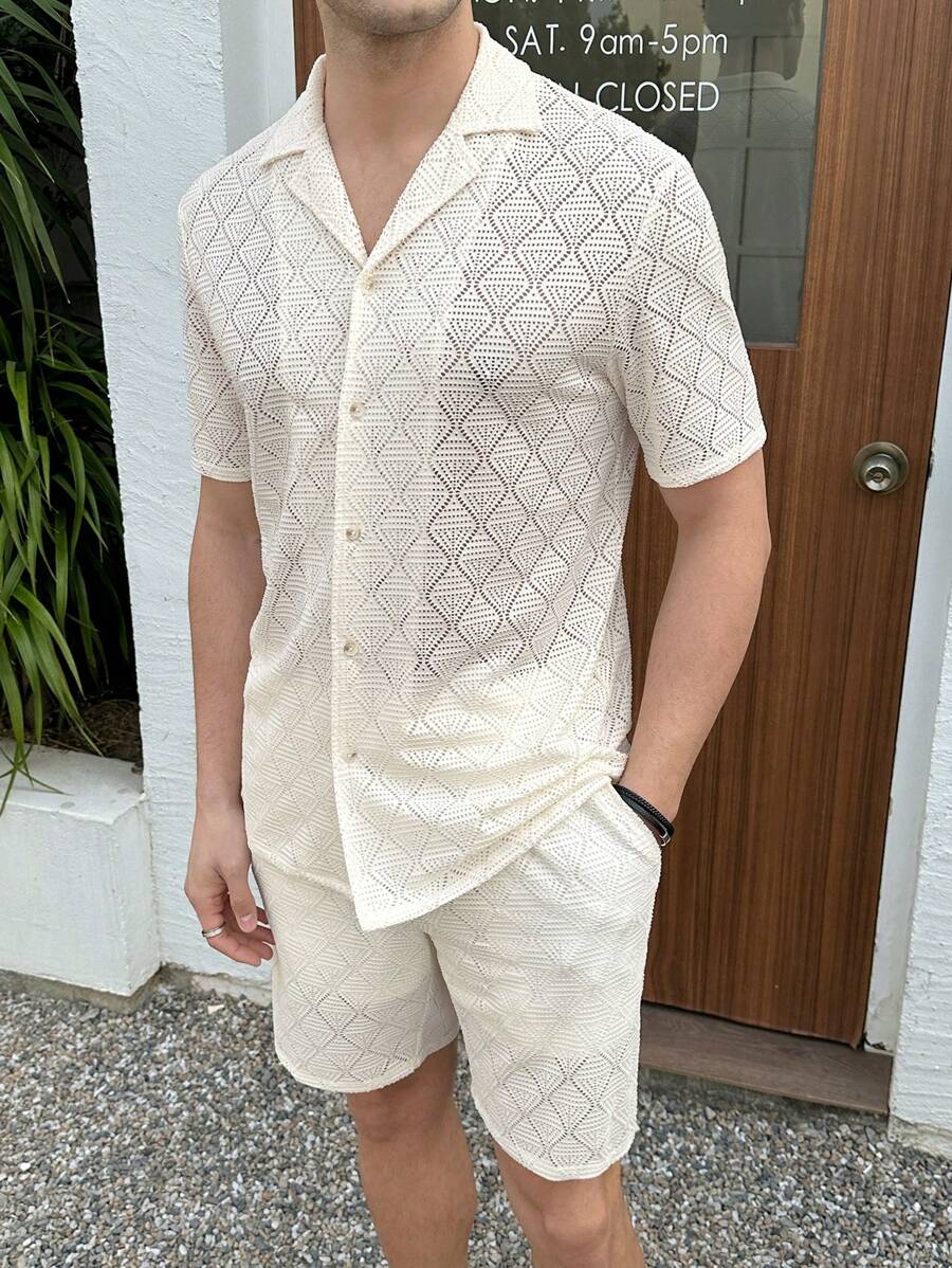 Manfinity VCAY Set de 2 camisas de punto casuales de manga corta y sin cuello para hombre, adecuadas para uso diario - Albaricoque - Ver 1