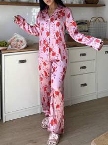 Women Full Flower Print Long Sleeve & Long Pants Pajama Set - Multicolor - View 5