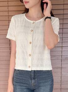 DAZY Women Texture Fabric Button Front Short Sleeve T-Shirt