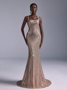 Elitara 优雅香槟色奢华亮片细肩带低领露背性感美人鱼风格正式晚礼服、派对礼服、婚礼宾客礼服、晚礼服 - 香檳色 - 查看 2