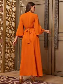Layrah Orange Beaded Embroidery Waist Cincher Long Sleeve Dress, Arabian Dresses Kaftan Jalabiya Dress - Orange - View 2