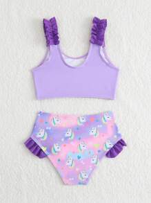 女童卡通印花吊带背心和内裤套装，休闲时尚，适合日常穿着。女童服装套装，女童套装，5岁女童服装，4岁女童套装，女童泳装套装，泳衣，一口价泳衣，两件套泳衣。 - 紫色 - 查看 2
