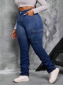 Slaydiva Celana Jeans Wanita Ukuran Besar Warna Gradien Ombre Pinggang Tinggi Elastis - Biru - View 3