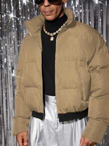 Manfinity VCAY Men's Fashionable Casual Everyday Luxurious PU Leather Fitted Long Sleeve Padded Coat, For Fall Winter - Khaki - View 1