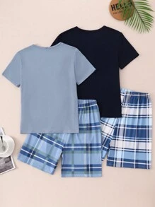 Set de 2 piezas de pijama para adolescentes varones con Top de media cartera de unicolor y pantalón largo clásico a cuadros - Multicolor - Ver 2