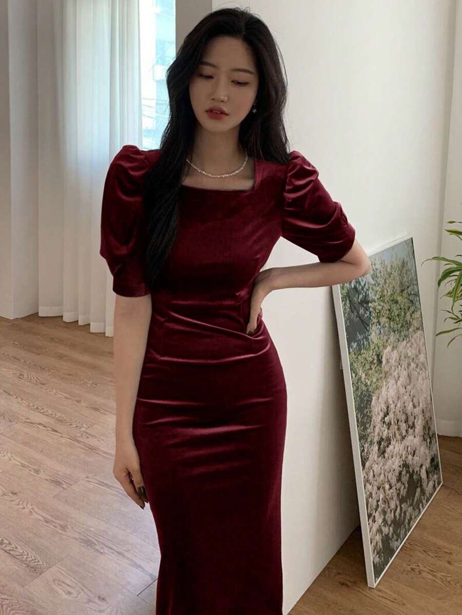 DAZY 女士纯色方领泡泡袖酒红色优雅连衣裙 优雅红色女士连衣裙 圣诞节舞会礼服 长款连衣裙 - 酒紅色 - 查看 1