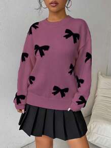 Chiquease Women's Bow Decor Drop Shoulder Pullover Sweater Knit Pullover Fall Winter Sweater - Red Violet - View 5