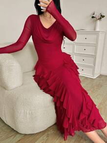 Modelyn Vestido ajustado de mujer con cuello volante de tela elástica de red, elegante, largo, para primavera/verano - Rojo - Ver 4