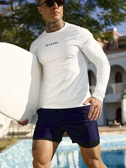 Manfinity Swimmode 2st Män Brevtryck långärmad skjorta & shorts Baddräkt Set