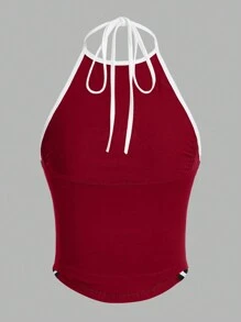 SHEIN ICON Casual Contrast Trim Lettered Drawstring Neck Top - Burgundy - View 2