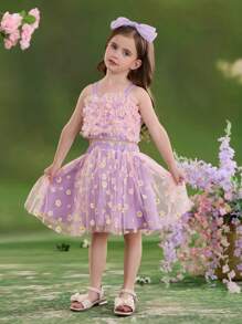 SHEIN Kleine Mädchen 2 Stücke Set aus Chiffon Crop Trägerhemd mit Ditsy Blumenmuster und Mini Rock, Lässig - Violett - Übersicht 6