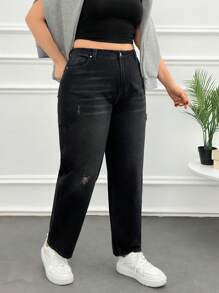 RueChic Plus High Waist Basic Wash Ripped Mom Fit Jeans - Black - View 1