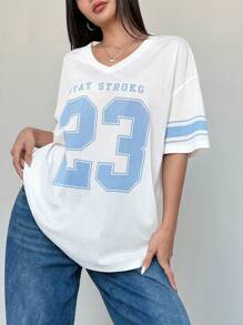 Flirla Camiseta deportiva casual con estampado de dígitos grandes, en estilo Y2K