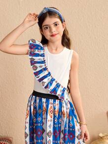 Blue And White Retro Print Ruffle Trim Summer Tea Party Modest Sweet Style - Multicolor - View 3