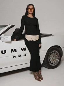 SUMWON WOMEN Midaxi Bodycon Long Sleeve Dress Classic Form-Fitting Elegant Professional Business Office Party Evening Slim Fit Mesh Side Panel Ribbed Stretch Fall Winter Dress