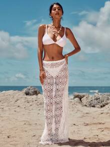 Opulessa Plain Weave Lace Long Skirt, Women's Low-Waist Skirt - White - View 5