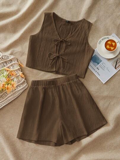 SHEIN VCAY 度假编织拼布设计方领短袖 A 字裙女士长裙美国背心套装蝴蝶结上衣