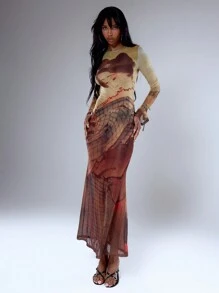 MUSERA 网纱东方印花系带袖长款连衣裙,春夏派对度假透视性感假日伊比沙岛海滩音乐节锐舞派对夜生活婚礼宾客优雅约会之夜秋冬夏季穿搭 - 黃色 - 查看 5