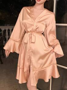 DAZY Satin Robe With Ruffled Lapel For Women Pajama - Pink - View 4