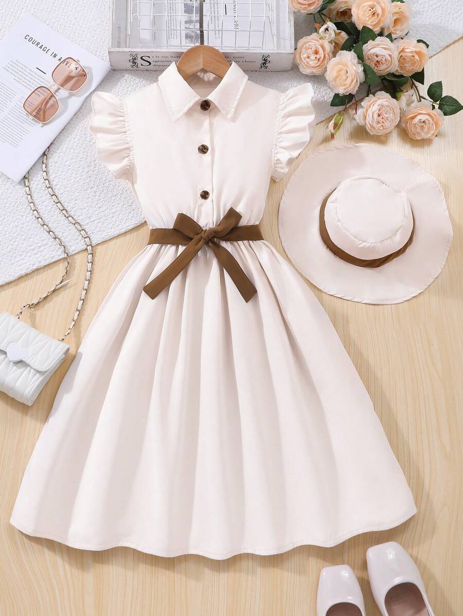 2pcs Tween Girls Ruffled Sleeveless Dress With Hat And Waist Rope, Elegant Spring/Summer Dress - Beige - View 1