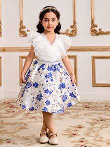 SHEIN Loose Cute Jacquard Pattern A-Line Skirt For Young Girls - Blue - View 4