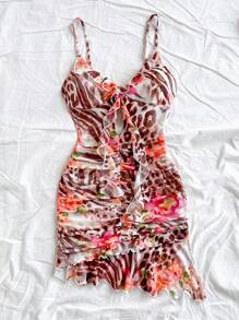 Soleia 性感豹纹斑马花卉图案细肩带镂空荷叶边下摆迷你连衣裙，适合度假、音乐节、波西米亚风、节日、约会之夜和情人节下午茶