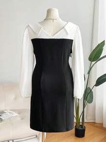 SHEIN Frenchy Plus Size Elegant Commuter Color Block Patchwork Dress - Black and White - View 4