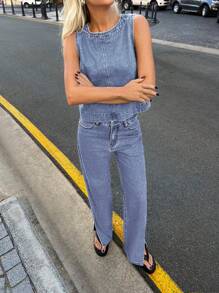 Forever 21 A-Line Denim Top, Fall Women Clothes Y2K Fall & Winter Women Vintage Casual Denim Vest - Baby Blue - View 6