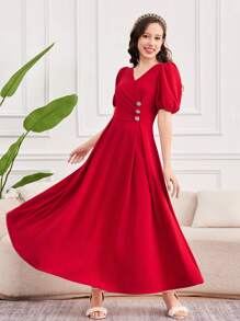 SHEIN Vestido largo elegante con decoración de botones de perlas para adolescentes, primavera y verano, Año Nuevo, Día de San Valentín - Estilo "Clean Girl"/Rojo lujoso para fiestas, vestido de princesa/temporada de bodas, vintage, playa, mar, elegante - Burdeos - Ver 3