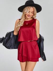 SHEIN LUNE 2pcs Women Casual & Commuting Asymmetrical Tiered Crop Top & Mini Skirt/Shorts Set - Red - View 3