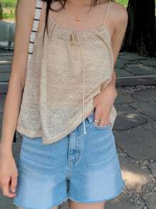 DAZY Top corto de tirantes finos con textura, estilo vacacional, para mujer - Beis - Ver 4