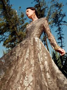 Anewsta 精致奢华蕾丝长袖金色连衣裙，优雅精致的设计 - 卡其色 - 查看 4