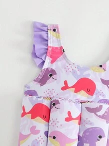 SHEIN Baby Mädchen Cartoon Fisch Muster Rüschenbesatz Carmen-Ausschnitt süßer Einteiler Badeanzug für Strandurlaub