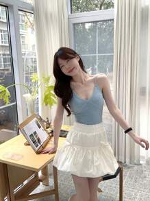 DAZY Falda con cintura elástica y lazo de unicolor para mujer, de verano