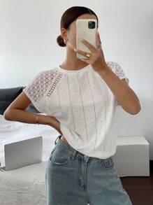 SHEIN Frenchy Women's Simple Casual Solid Color Contrast Lace Short Sleeve Casual T-Shirt,Spring/Summer, Textured Vertical Stripe Floral Top,Loose Bat Sleeve T-Shirt,Jacquard Textured Openwork Knit Fabrics,Casual Holiday Fashionable For Commuting,For Daily Wear White - White - View 1