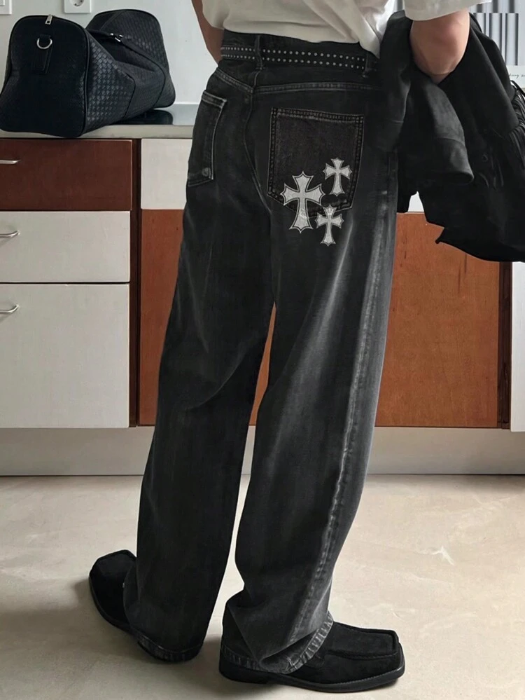 Men's Cross Print Black Denim Jeans