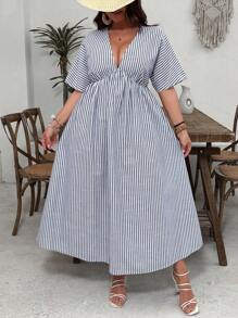 SHEIN VCAY Plus Size Striped V-Neck Short Sleeve Dress, Simple Casual Everyday Wear - Blue and White - View 6