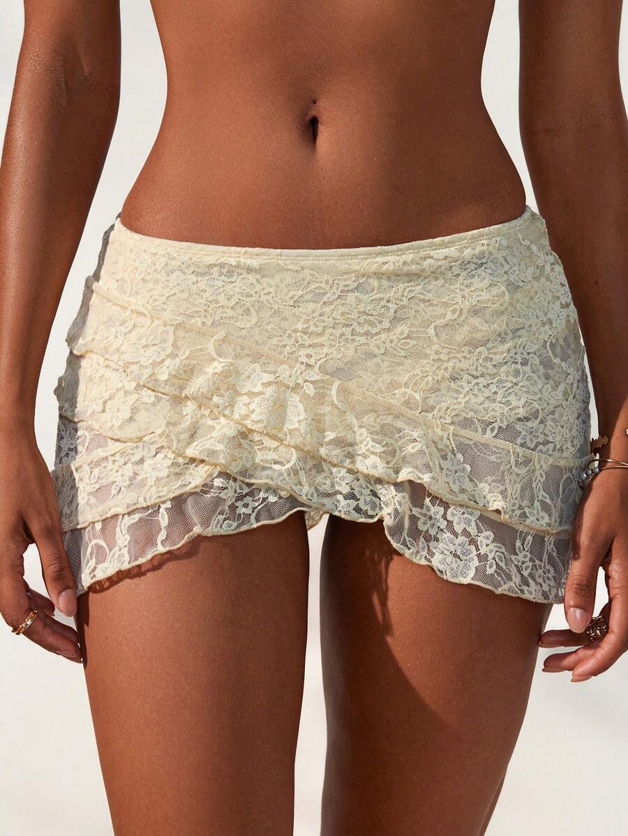 Swim Mod 女士优雅花卉蕾丝边双层荷叶边裙罩裙，适合夏季海滩度假 - 米色 - 查看 1