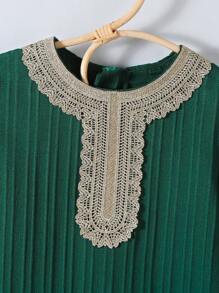 2pcs Young Girl Solid Splice Round Neck Long Sleeve Simple Top And Pants Set - Dark Green - View 3