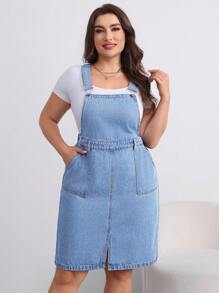 SHEIN Essnce Plus Size Casual Loose Denim Dungaree Dress With Adjustable Straps, Blue - Light Wash - View 1