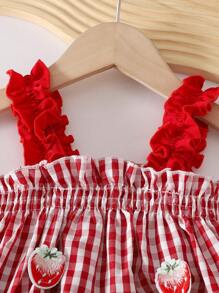 Vestido de verano para niñas, Nuevo llegado vestido de tirantes de niña bebé a cuadros con estampado lindo de fresa, verano - Rojo - Ver 5