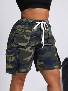 SHEIN SXY Plus Size Women Drawstring Waist Casual Denim Camouflage Cargo Capri Pants - Multicolor - View 6