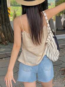 DAZY Top corto de tirantes finos con textura, estilo vacacional, para mujer - Beis - Ver 2