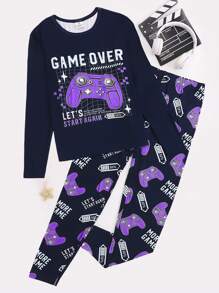 SHEIN Leap Crew 2 件青少年男孩紧身霓虹卡通游戏控制器图案长袖上衣和长裤针织舒适休闲睡衣套装
