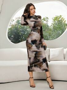 Modelyn Women's Elegant Marble Print Ruched Fitted Dress - Yellow - View 5