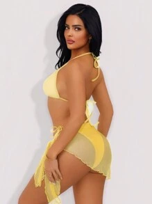 Swim SXY 3pcs/Set Women Solid Color Leisure Holiday Set: Triangle Backless Bikini Top, Textured Floral Skirt, Sheer Sexy Beach Swimwear For Summer Beach Vacation